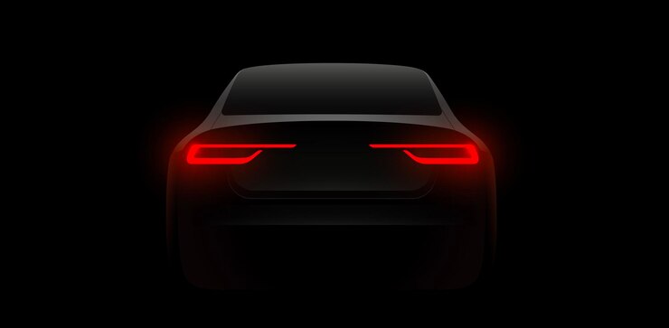 Vector silueta trasera del automóvil con luces rojas traseras en fondo negro oscuro plantilla de estandarte de papel tapiz ilustración vectorial