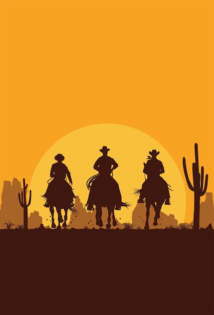 Vector silueta, de, tres, vaqueros, a caballo, en, desierto, plano de fondo, vector