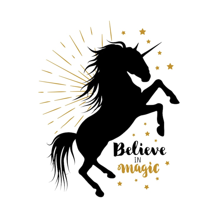 Silueta de unicornio con letras. Cree en la magia