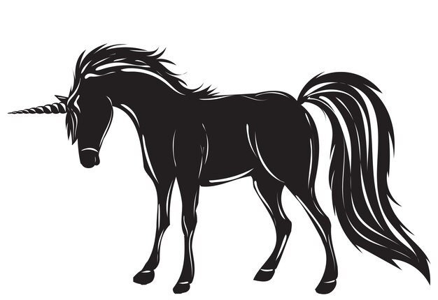 Vector silueta de unicornio negro sobre fondo blanco aislado