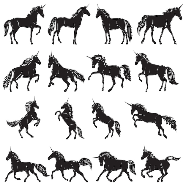 Silueta unicornios conjunto negro sobre fondo blanco aislado vector