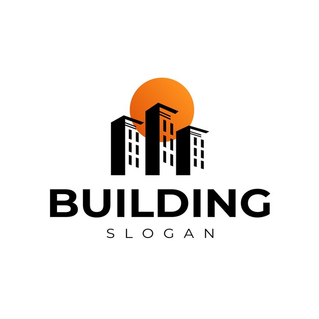 La silueta urbana del edificio con fondo de puesta de sol se puede utilizar para el diseño de logotipos inmobiliarios