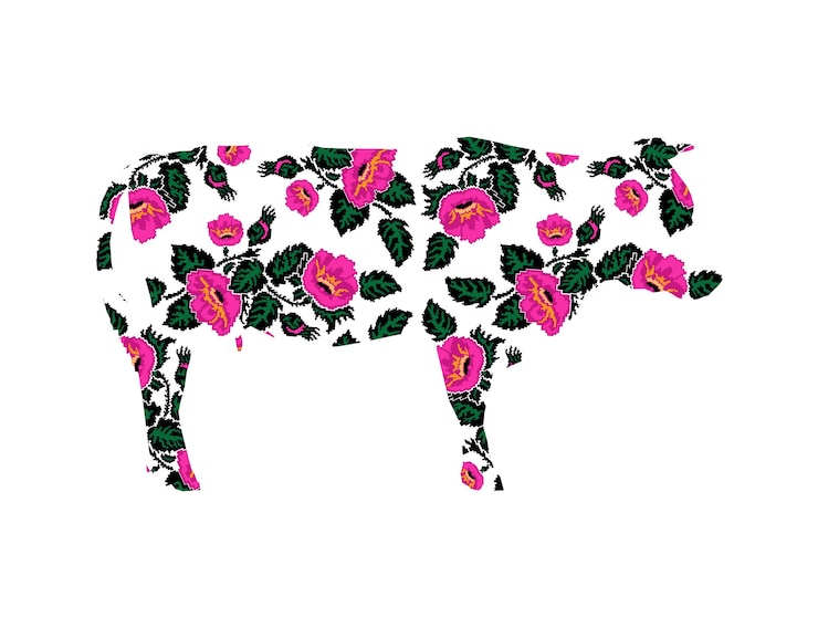 Vector silueta de vaca con flores amapolas rosas estilo ucraniano