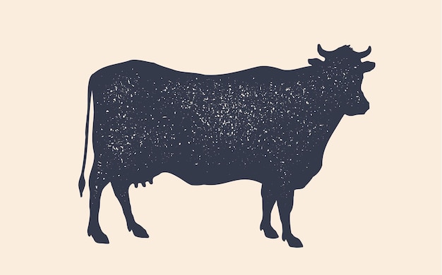 Silueta de vaca Silueta de vaca con estampado retro vintage