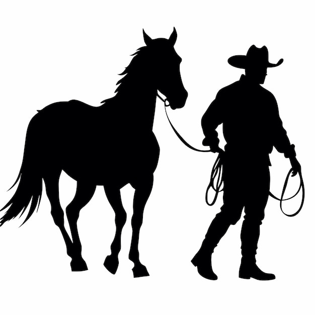 una silueta de un vaquero y un caballo con una cuerda y un hombre con un lazo