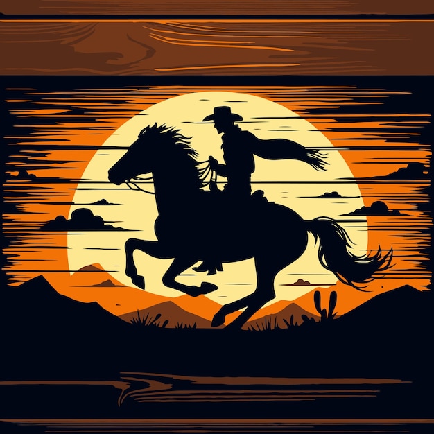 Silueta de un vaquero montando un caballo salvaje al atardecer en un vector de señales de madera
