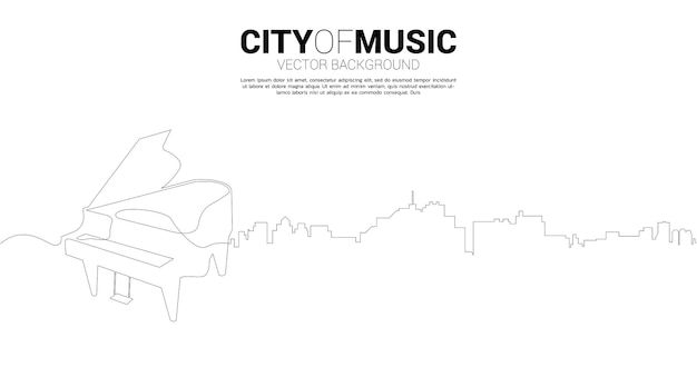 Silueta de vector de piano con la ciudad de una línea. concepto de ciudad de la música clásica.