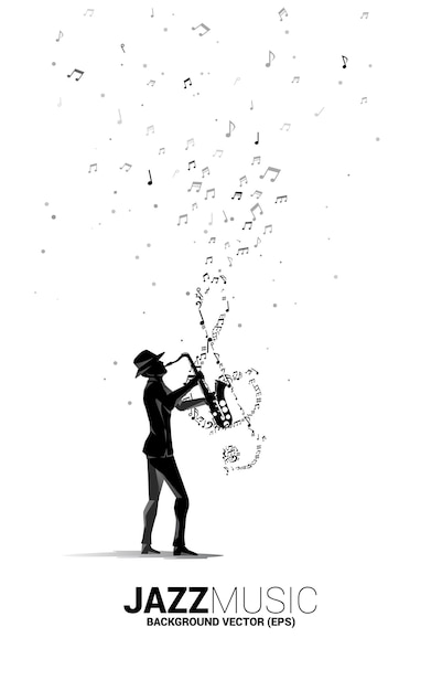 Silueta de vector de saxofonista con flujo de baile de nota de melodía de música. Antecedentes del concepto de recreación y conciertos de música clásica.