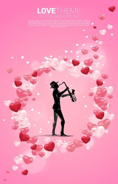 Silueta de vector de saxofonista de pie con globo de corazón volando. fondo del concepto de canción de amor y tema de concierto.