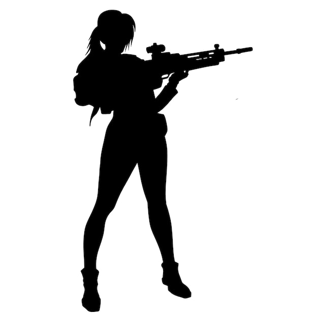 Vector silueta vectorial en blanco y negro de una chica con una pistola una super mujer con traje militar de cuero