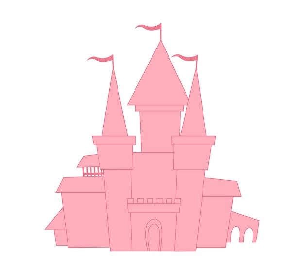 Vector silueta vectorial de un castillo de cuento de hadas en color rosa. aísle el palacio sobre un fondo blanco.