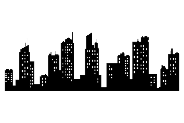 Silueta vectorial de la ciudad Paisaje urbano moderno Edificios altos con ventanas Ilustración sobre fondo blanco