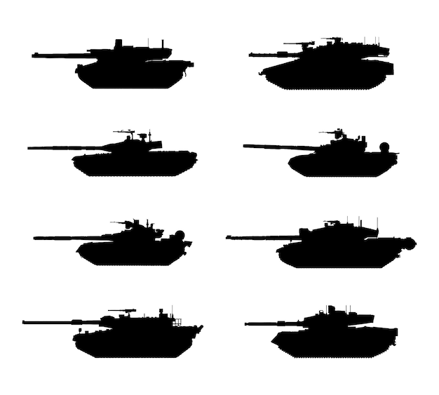 Silueta vectorial de la colección de vistas laterales del tanque militar