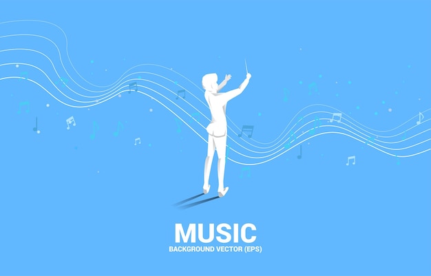 Silueta vectorial de conductor de pie con nota musical voladora Fondo conceptual para concierto de orquesta y recreación