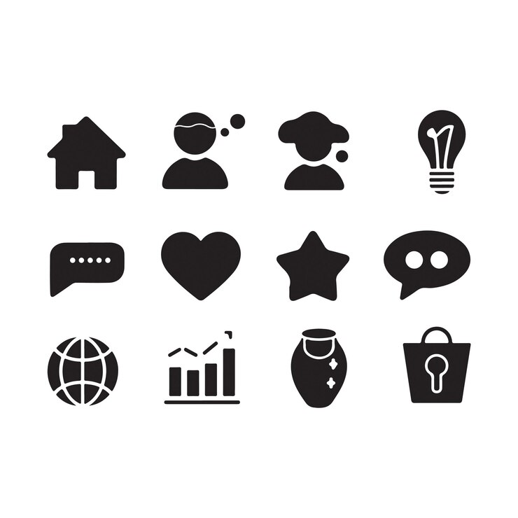 Una silueta vectorial de un conjunto de iconos llenos de negro con un fondo blanco