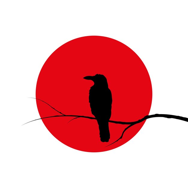Silueta vectorial de un cuervo negro sentado en una rama contra un fondo de luna de sangre