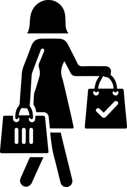 La silueta vectorial del icono de la mujer de compras mínima de fondo blanco se llena con negro 10