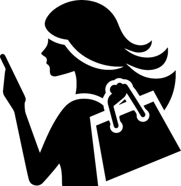 La silueta vectorial del icono de la mujer de compras mínima de fondo blanco se llena con negro 16