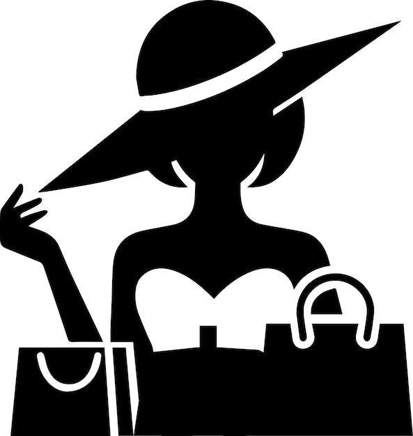 La silueta vectorial del icono de la mujer de compras mínima de fondo blanco se llena con negro 8
