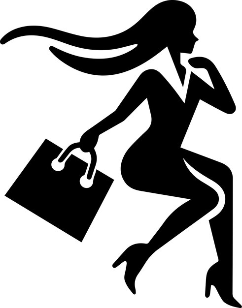 La silueta vectorial del icono de la mujer de compras mínima fondo blanco llenado con negro 3