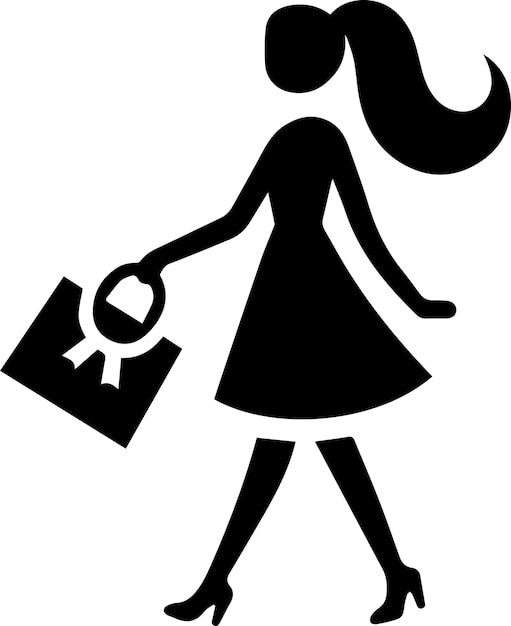 La silueta vectorial del icono de la mujer de compras mínima fondo blanco relleno con negro 18
