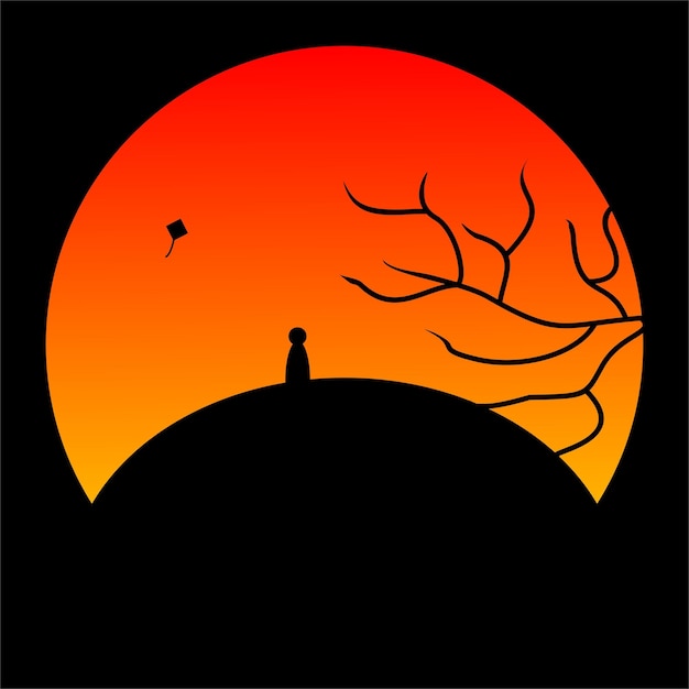 silueta vectorial jugando cometas al atardecer
