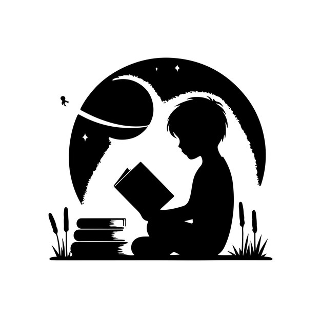 Vector una silueta vectorial de un niño leyendo un libro