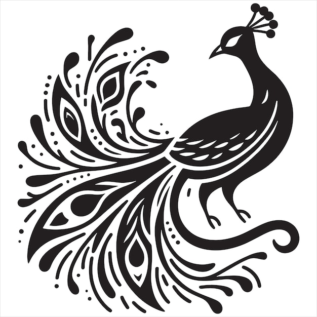 silueta vectorial de pájaro pavo real mínimo silueta de color negro pavo real con una cola ornamental
