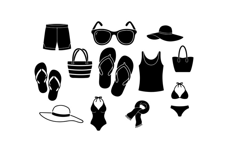 Silueta vectorial de ropa y accesorios de playa