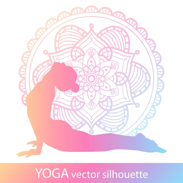 Silueta vectorial de yoga. gradiente mujer joven practica yoga y estiramientos. mándala de flores