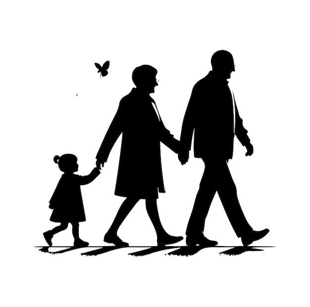 Vector siluetas de abuelos caminando con la nieta icono vectorial de ilustración