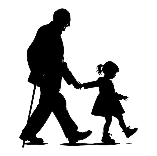 Vector siluetas de abuelos caminando con su nieta icono vectorial de ilustración