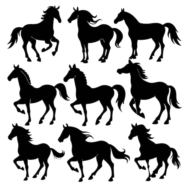 Siluetas aisladas de caballos en varias poses sobre un fondo blanco
