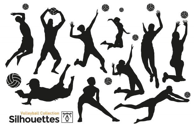 Siluetas aisladas de voleibol. jugadores practicando deporte.