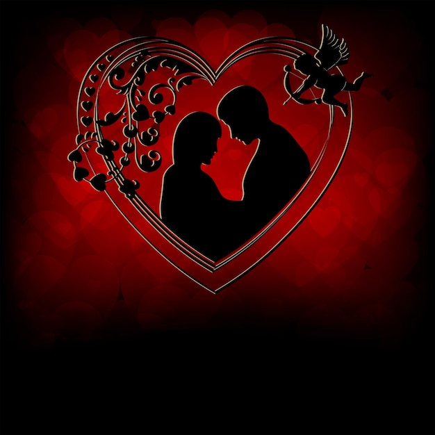 Vector siluetas de amantes, hombres y mujeres, acurrucados entre sí dentro del corazón sobre un fondo rojo