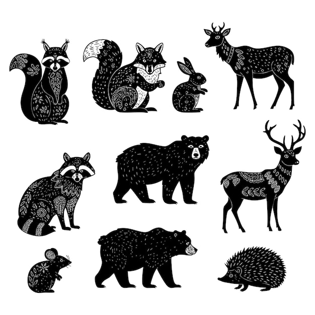 Siluetas de animales del bosque con detalles intrincados