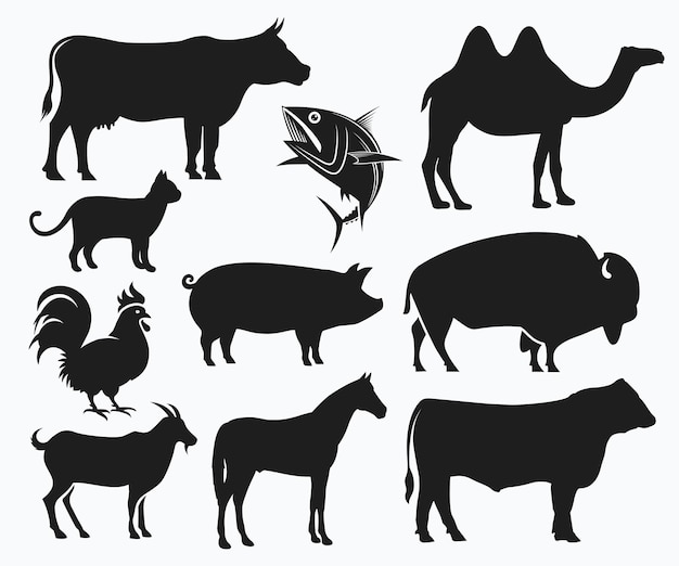 Vector siluetas animales conjunto icono conjunto silueta pie animales icono plantilla