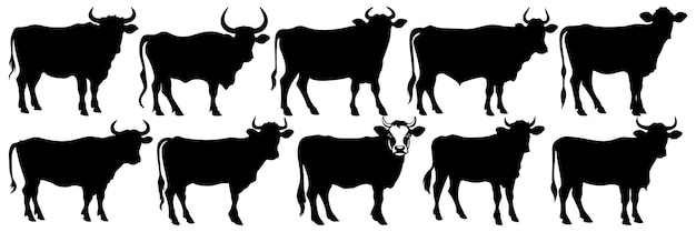 Vector siluetas de animales de granja de toros de vaca establecen un gran paquete de diseño de silueta vectorial fondo aislado