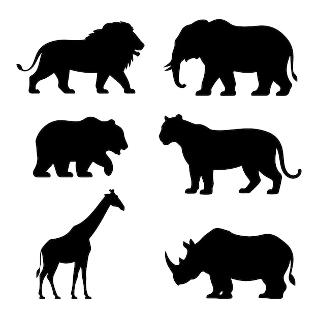 Siluetas de animales León Elefante Oso Tigre Girafa y rinoceronte