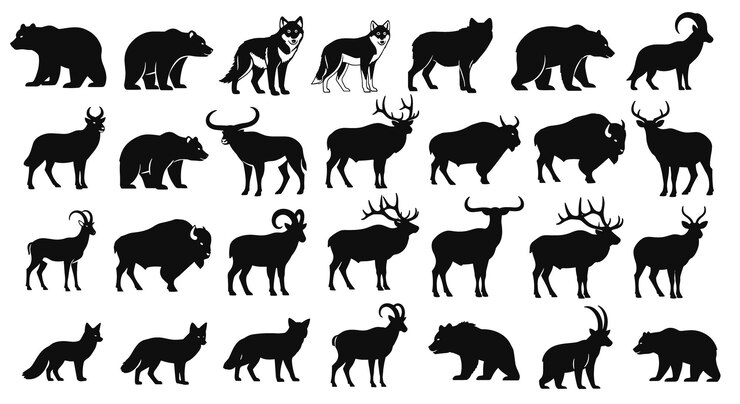 Siluetas de animales osos lobos ciervos y otras especies silvestres