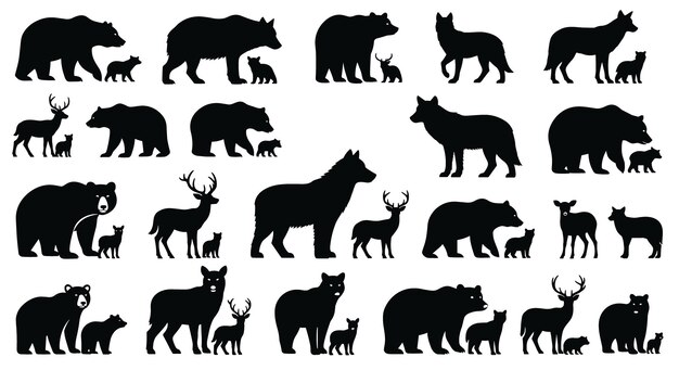 Siluetas de animales: osos, lobos y ciervos