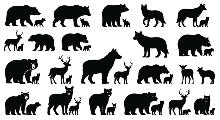 Siluetas de animales: osos, lobos y ciervos