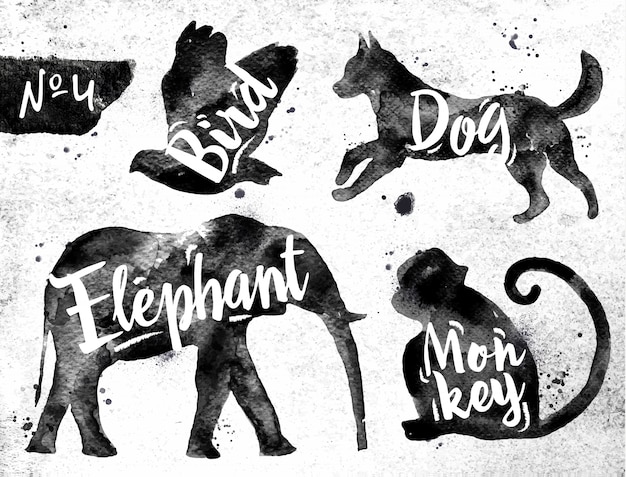 Siluetas de aves animales, perros, monos, elefantes.