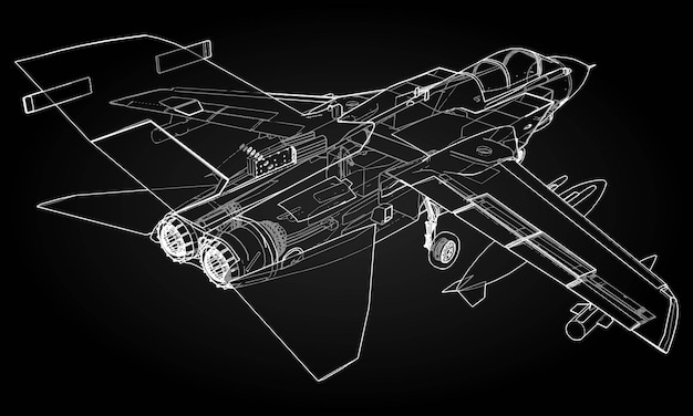Siluetas de aviones de combate militares. Imagen de aviones en líneas de dibujo de contorno. La estructura interna de la aeronave.