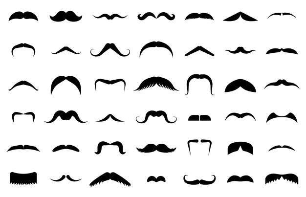 Siluetas de bigote masculino bigote gracioso iconos de dibujos animados barbería negra símbolos graciosos estilo de pelo de cara hipster moda abstracta conjunto vectorial decente