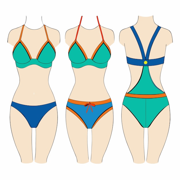 Siluetas de un bikini femenino desde el lado delantero y las vistas traseras