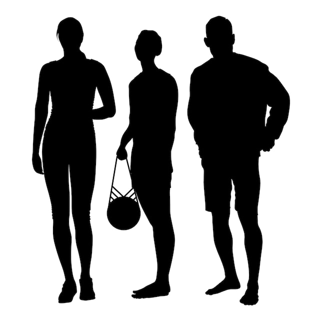 Siluetas en blanco y negro de jóvenes durante deportes y caminatas, vector