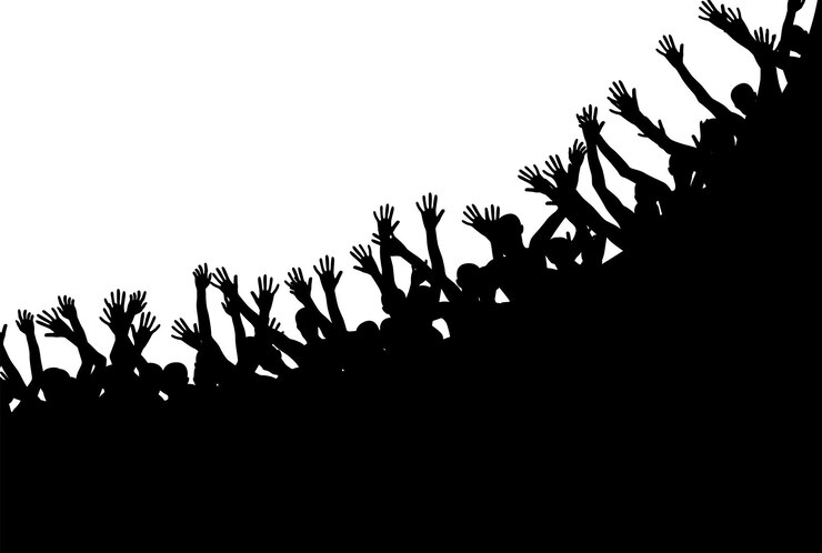 Vector siluetas en blanco y negro de saltar gente feliz y alegre. ilustración de vector. eps10
