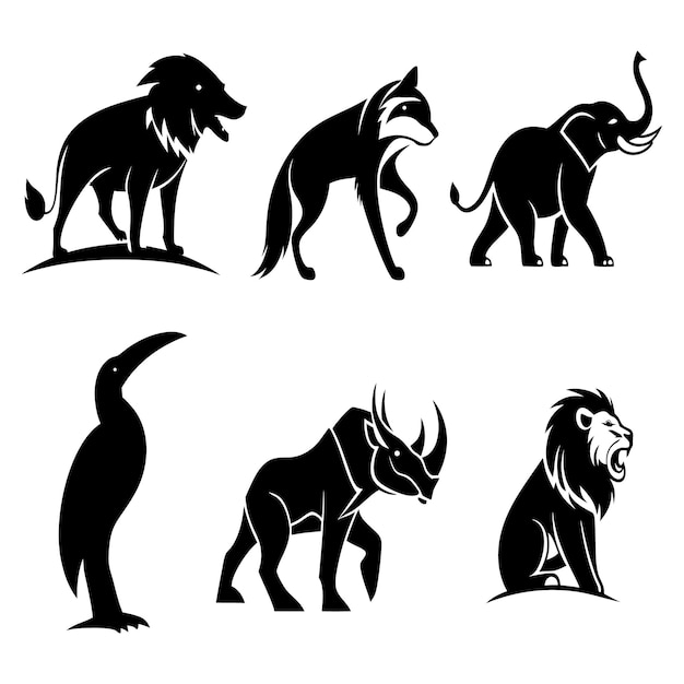 Siluetas en blanco y negro de varios animales de granja y silvestres