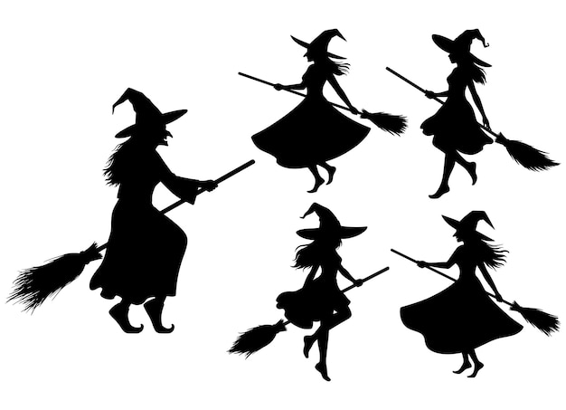Siluetas de brujas volando en escobas